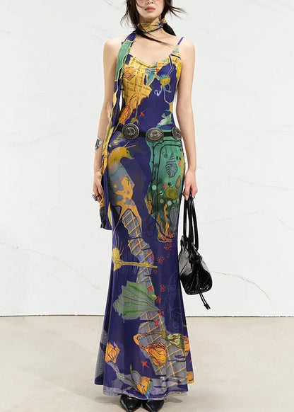 Blue Print Maxi Spaghetti Strap Dresses Summer
