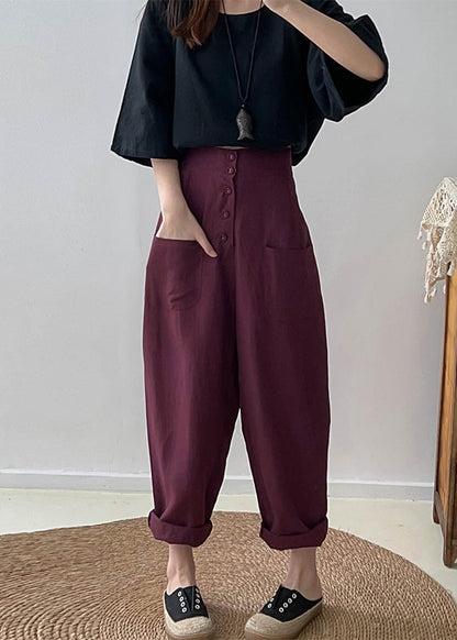 Purple High Waist Button Down Cotton Pants Trousers Fall