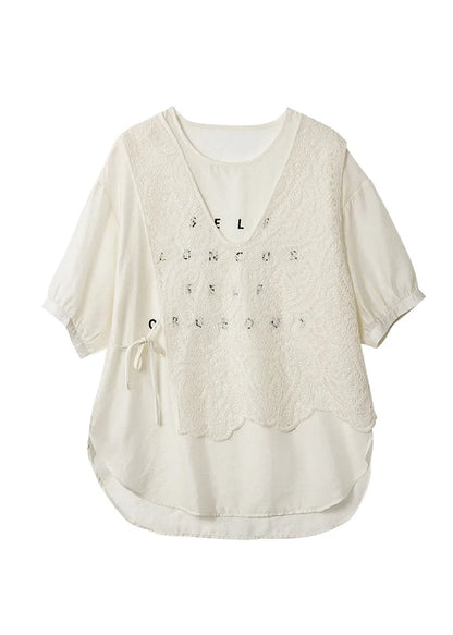 Beige O Neck Lace Patchwork False Two Pieces Chiffon Top Summer