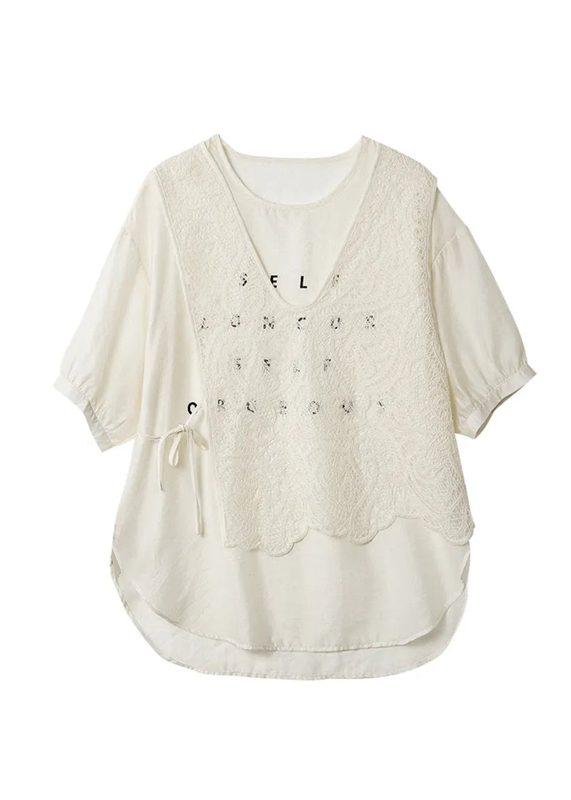Beige O Neck Lace Patchwork False Two Pieces Chiffon Top Summer