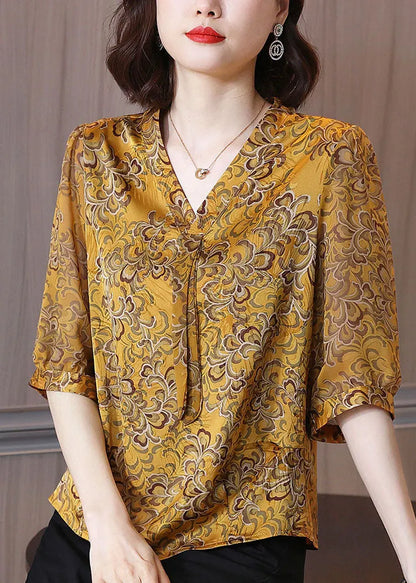 Yellow V Neck Ribbon Print Chiffon Shirt Half Sleeve