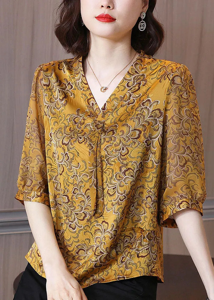 Yellow V Neck Ribbon Print Chiffon Shirt Half Sleeve