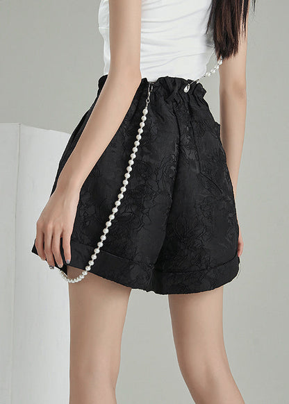 Black Zip Up Jacquard Cotton Shorts Summer