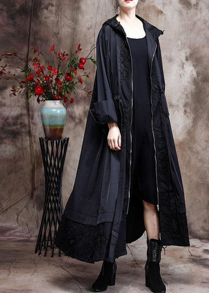 Italian Black Embroidery Coat Hooded Maxi Coats