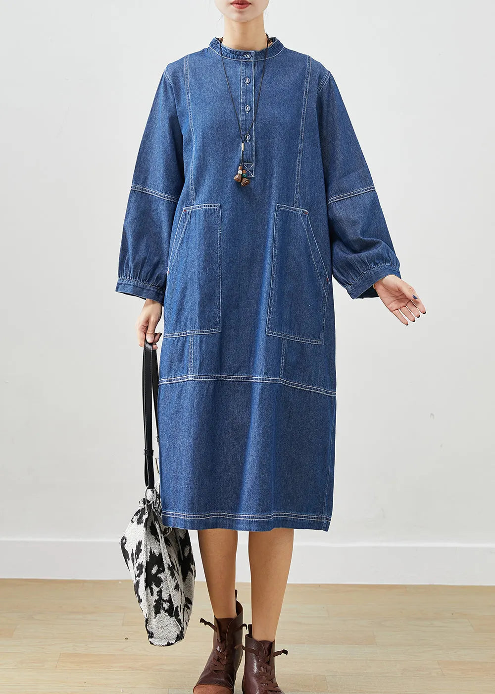 Dark Blue Oversized Patchwork Cotton Vacation Dresses Fall