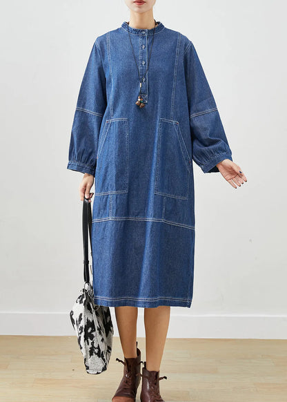 Dark Blue Oversized Patchwork Cotton Vacation Dresses Fall