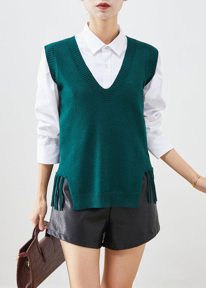 Blackish Green Knit Vest Tops Tasseled Fall