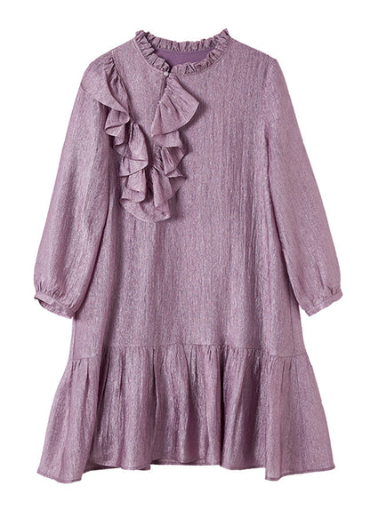 Simple Purple Stand Collar Ruffled Mid Dress Spring