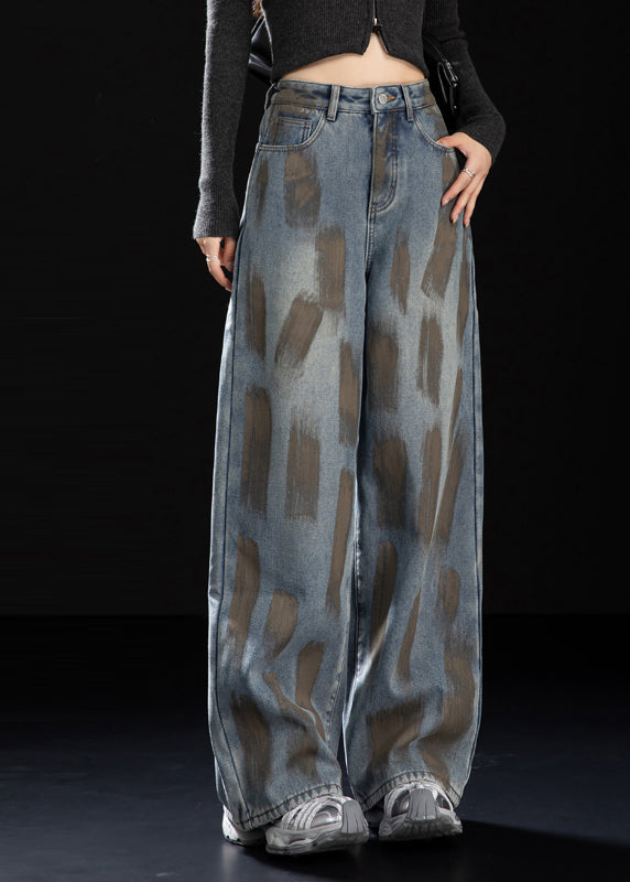 Navy Oversized Painting Warm Fleece Denim Pants Spring