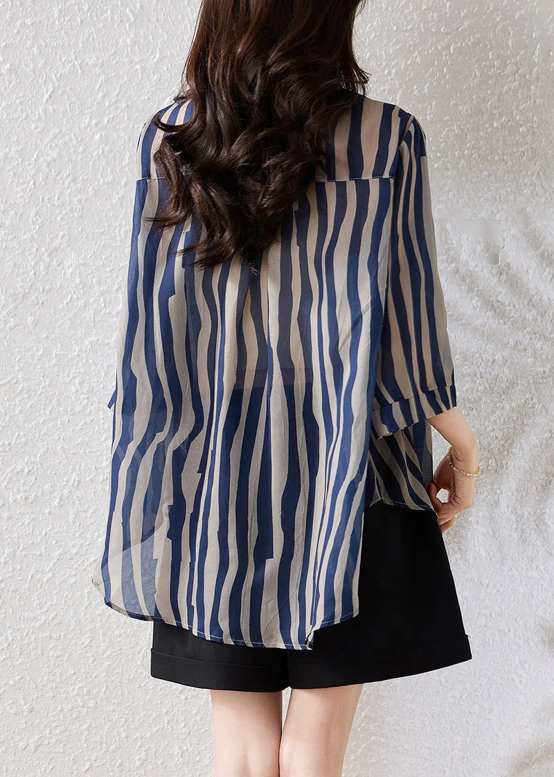 Fine Blue Oversized Striped Chiffon Blouse Tops Half Sleeve