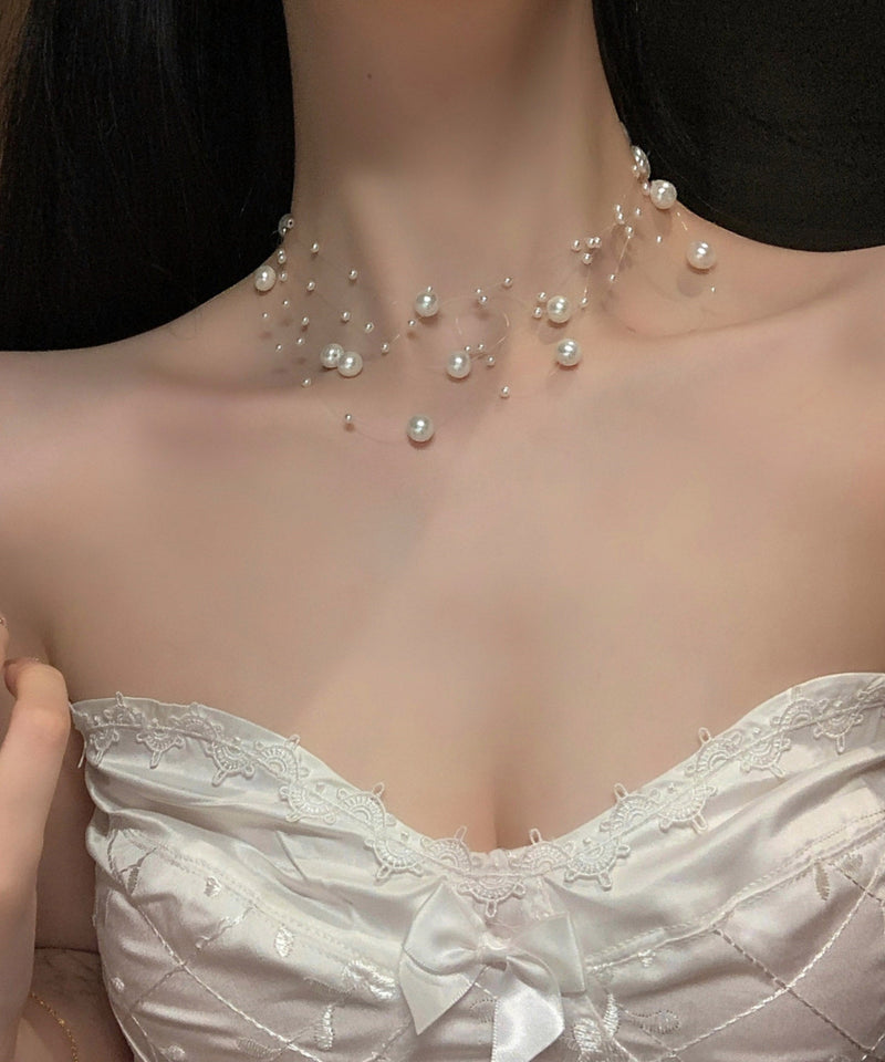 White Alloy Multi Layer Pearl Starry Sky Princess Necklace