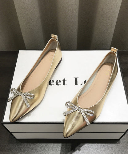 Comfy Bow Splicing Flat Shoes Gold Faux Leather Pointed Toe