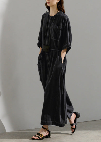 Loose Dark Grey O Neck Pockets Patchwork Cotton Jumpsuit Summer