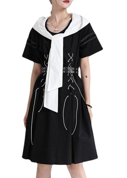 Comfy Black Hooded Design Patchwork Summer Mini Dresses Short Sleeve