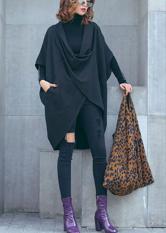 Loose Black Bat Wing Sleeve Pockets Asymmetrical Design Fall Tops
