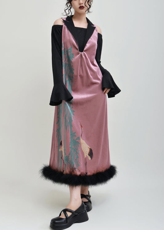 Pink Print False Two Pieces Patchwork Silk Velvet Dress Spring