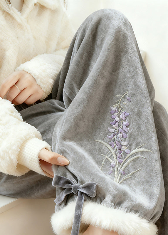 Grey Embroidered Warm Fleece Silk Velvet Pants Spring