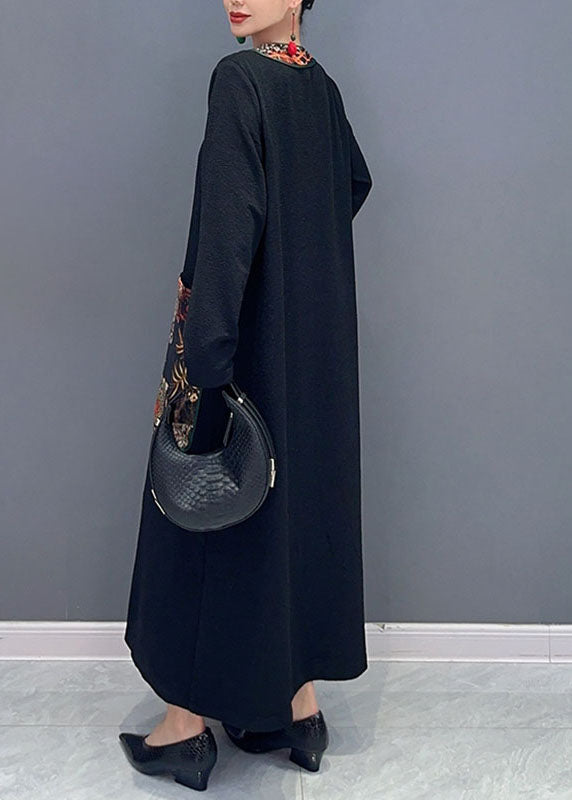 Black V Neck Print Patchwork Long Dress Fall