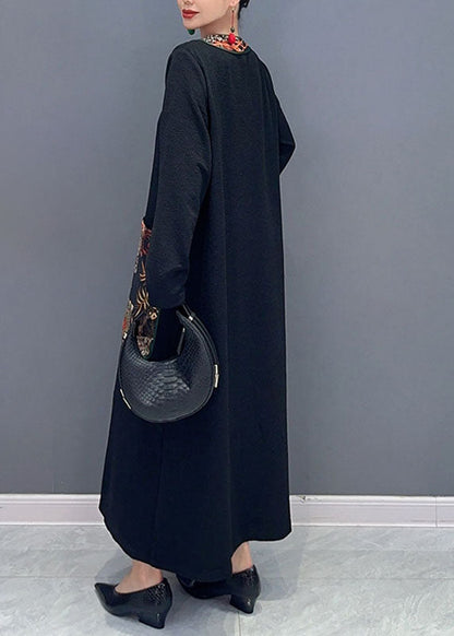 Black V Neck Print Patchwork Long Dress Fall