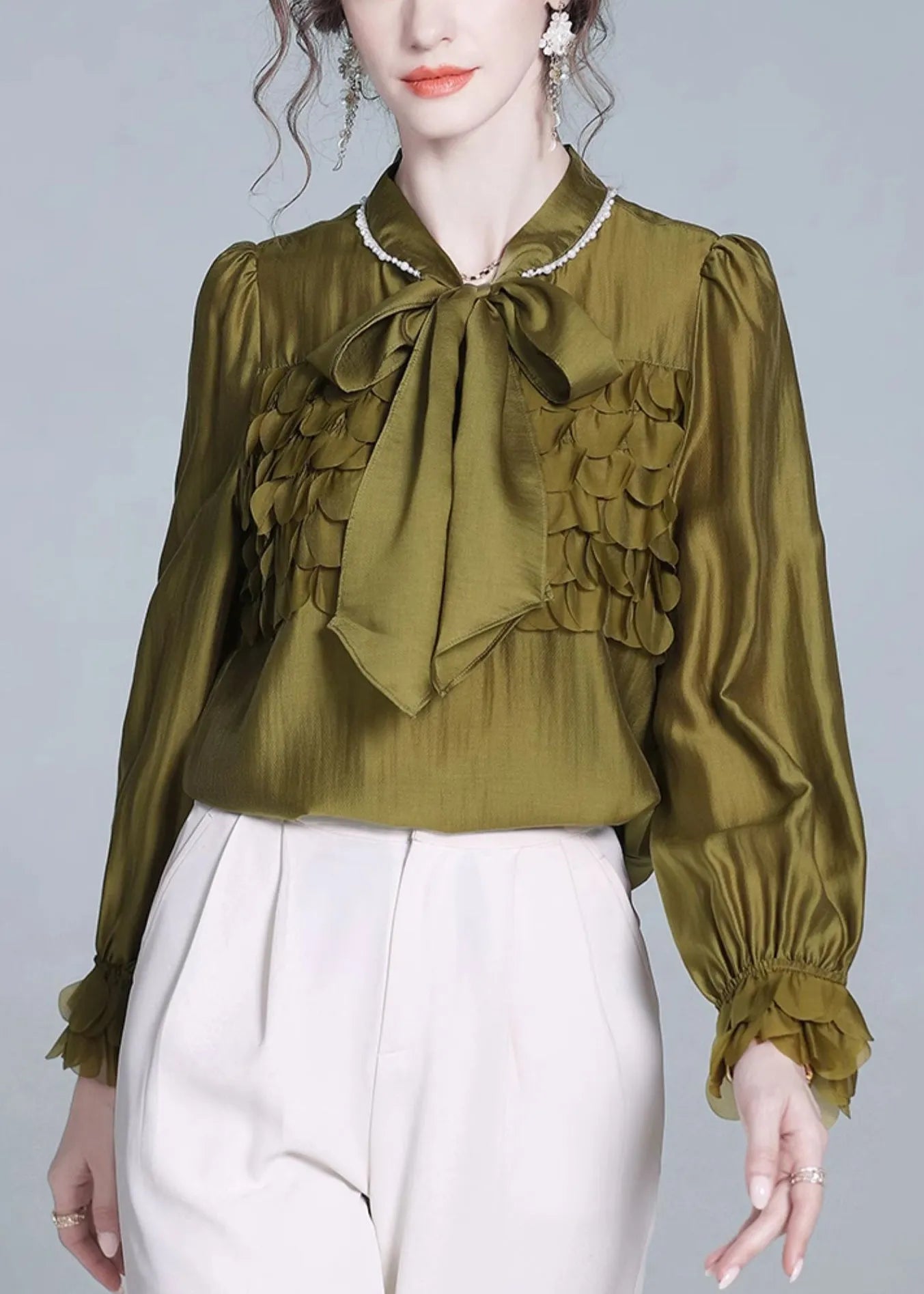 Mustard Green Bow Silk Shirt Petal Sleeve