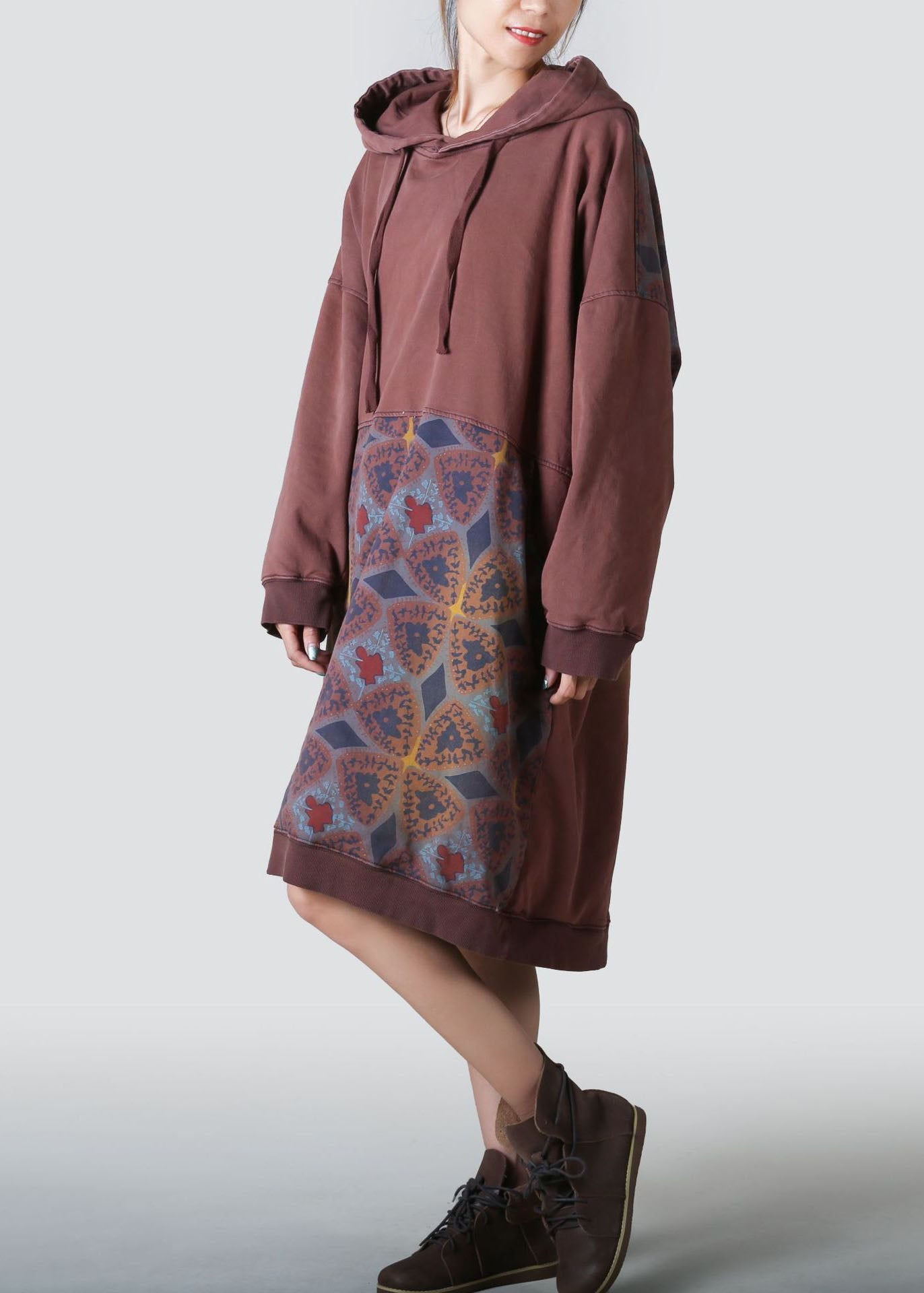 Coffee Hooded Patchwork Print Cotton Dresses Spring