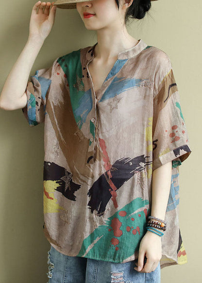 Colorblock V Neck Print Patchwork Cotton Shirts Top Summer