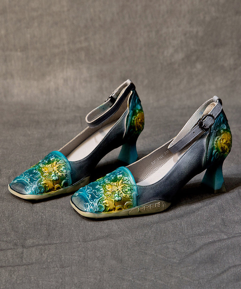 Handmade Grey Cowhide Leather Embossed Buckle Strap High Heels
