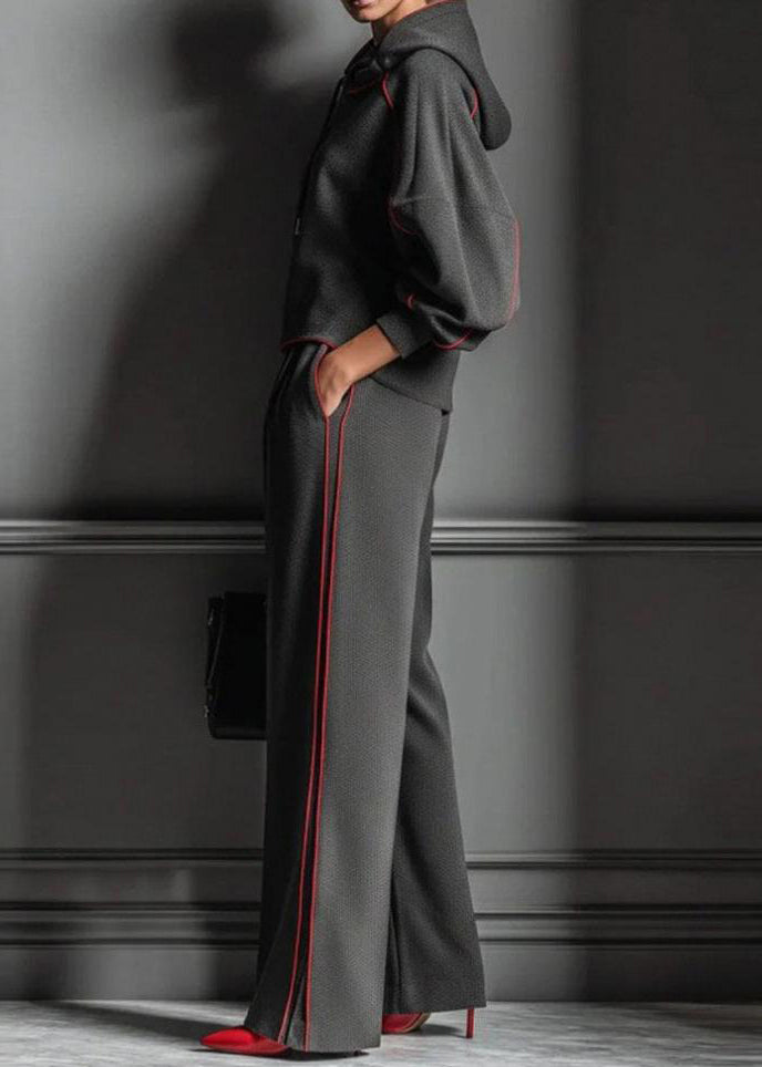 Dark Gray Hooded Striped Sweatshirts and Pants Cotton Two Pieces Set Spring