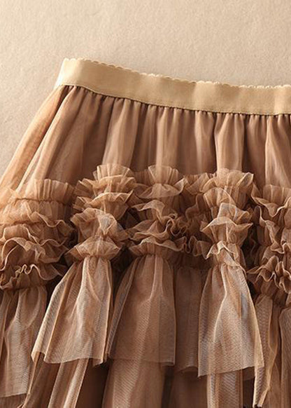 Khaki Asymmetrical Design Tulle Tiered Fall Skirt