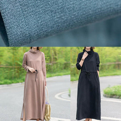 Diy Khaki Tunic Pattern High Neck Drawstring Spring Dresses