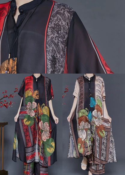 Khaki Print Linen Silk Two Pieces Set Side Open Summer