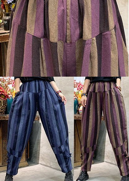 Purple Striped Patchwork Cotton Harem Pants Spring