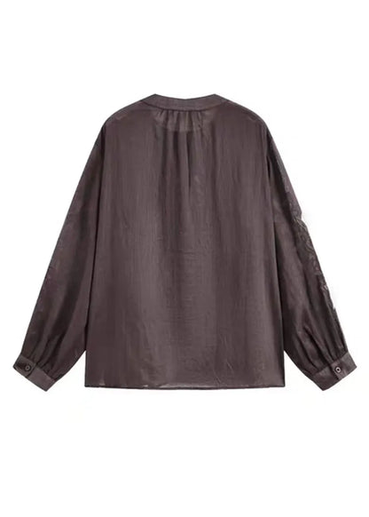Coffee O-neck Button Embroidered Ramie Shirt Spring
