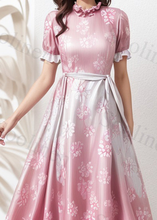Unique Gradient Pink Ruffled Print Loose Silk Dresses Summer