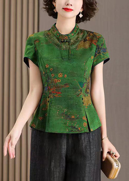 Red Stand Collar Print Side Cpen Silk T Shirt Summer