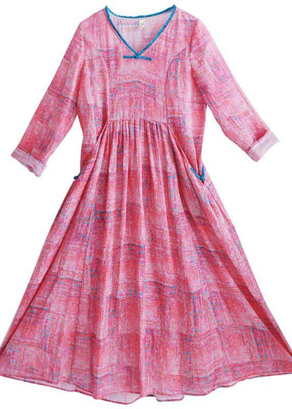 French Rose Print Clothes V Neck Patchwork Maxi Spring Dress
