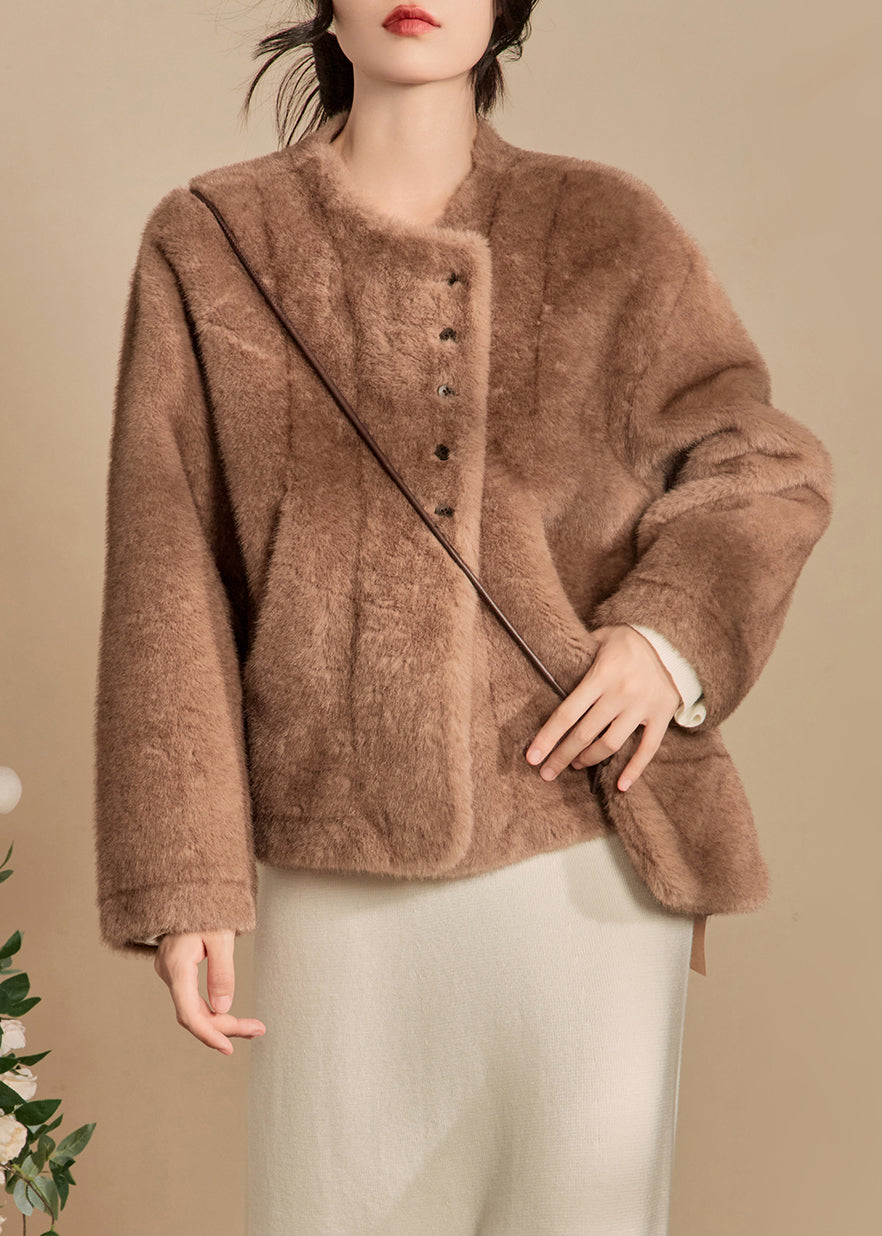 Apricot O-neck Button Fluffy Coats Winter