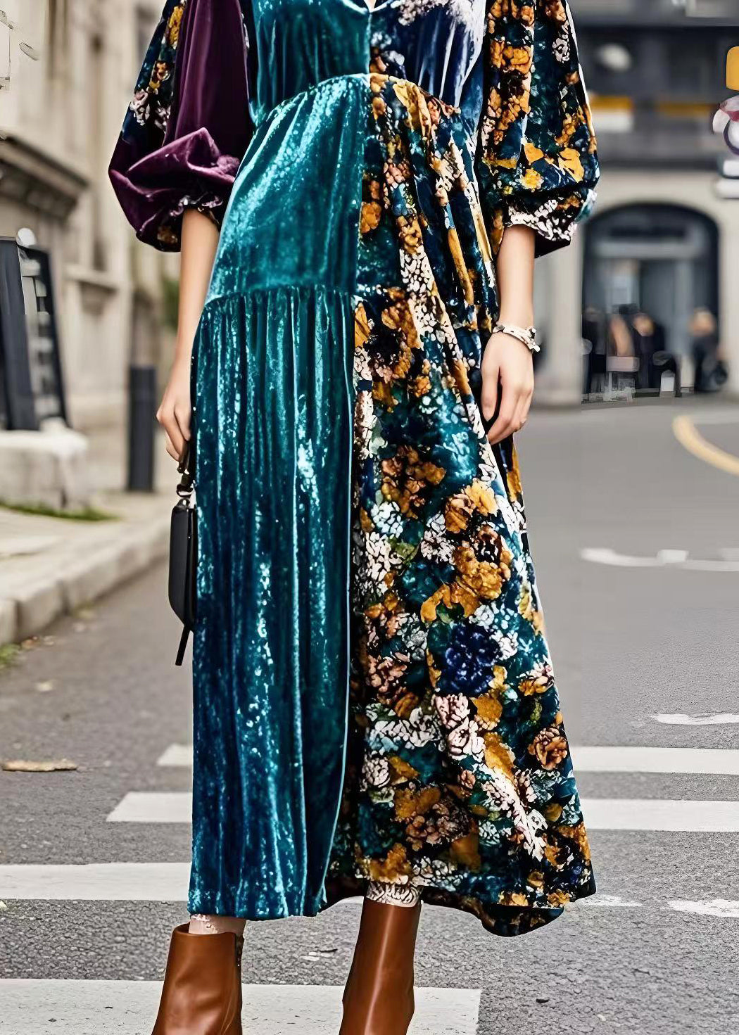 Colorblock V Neck Patchwork Silk Velour Maxi Dresses Spring