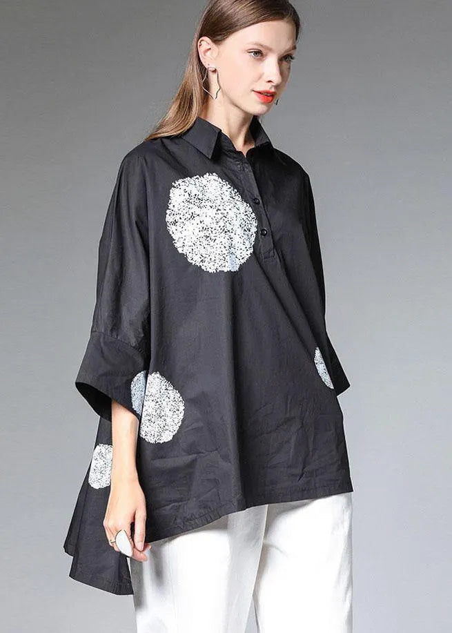Black Peterpan Collar Button Fall Cotton Shirt Half Sleeve