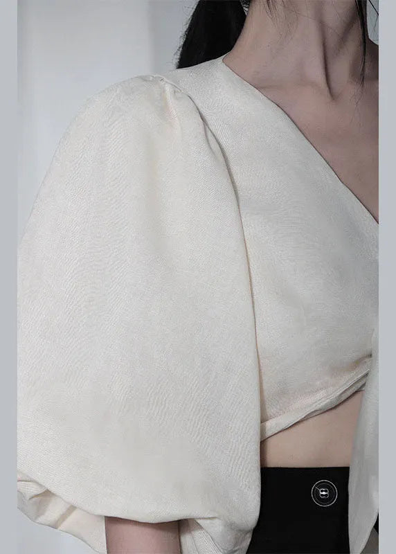 Unique White V Neck Retro Loose Summer Blouses Half Sleeve