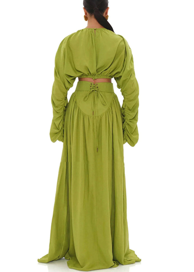 French Green Wrinkled Lace Up Tops and Skirts Cotton Two Pieces Set Spring
