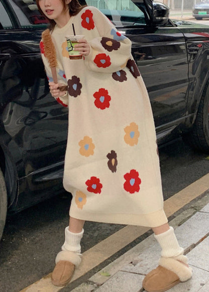 Beige O Neck Long Knit Sweaters Dress Winter