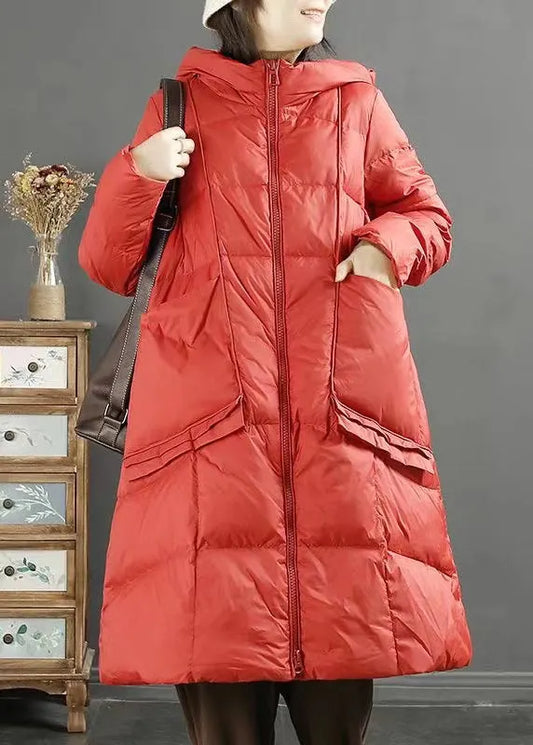 Red Hooded Pockets Zippered Patchwork Duck Down Down Coat Winter