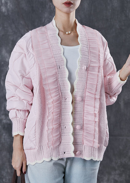 Pink Ruffled Patchwork Knit Fine Cotton Filled Coat Spring