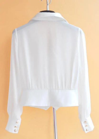 Black Peter Pan Collar Patchwork Wrinkled Chiffon Shirt Tops Long Sleeve