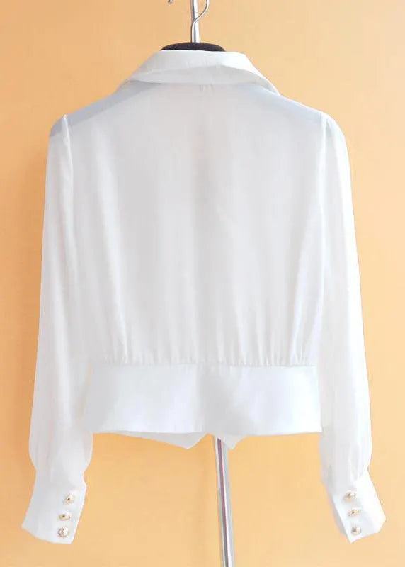 Black Peter Pan Collar Patchwork Wrinkled Chiffon Shirt Tops Long Sleeve