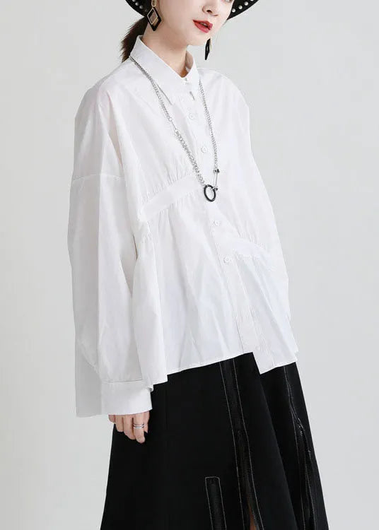 Modern White Peterpan Collar Button Patchwork Asymmetrical Design Fall Top Long Sleeve