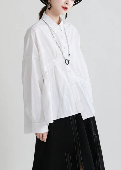 Modern White Peterpan Collar Button Patchwork Asymmetrical Design Fall Top Long Sleeve