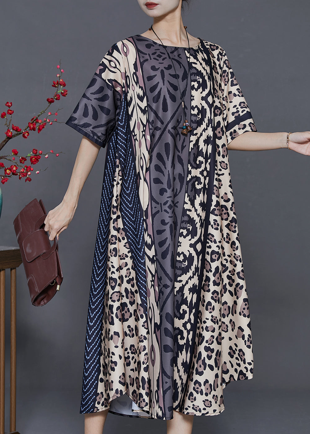 Khaki Oversized Leopard Print Silk Dress Summer