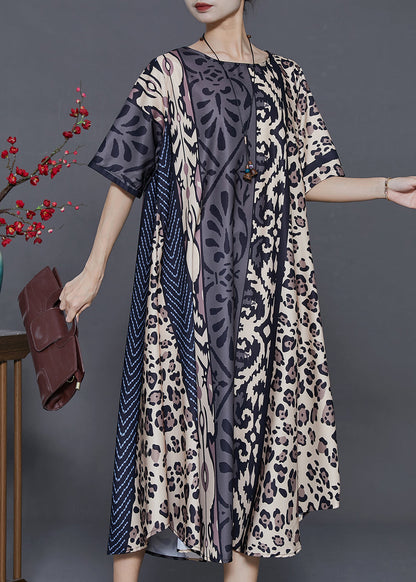 Khaki Oversized Leopard Print Silk Dress Summer